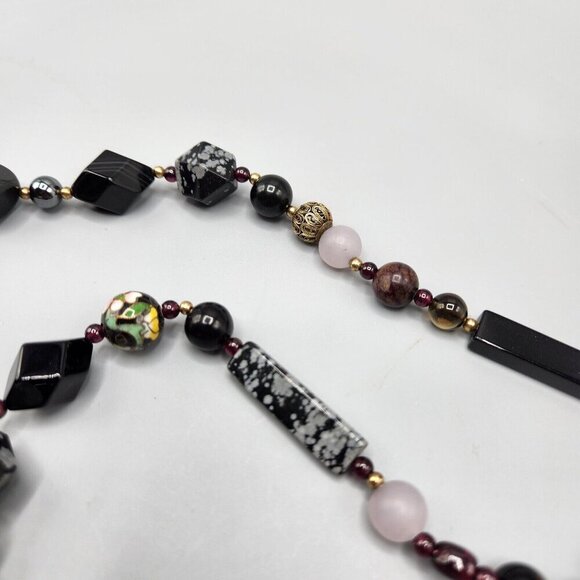 Stone Bead Necklace Rose Quartz Snowflake Obsidian Cloisonne Gradient 30" - Picture 5 of 13